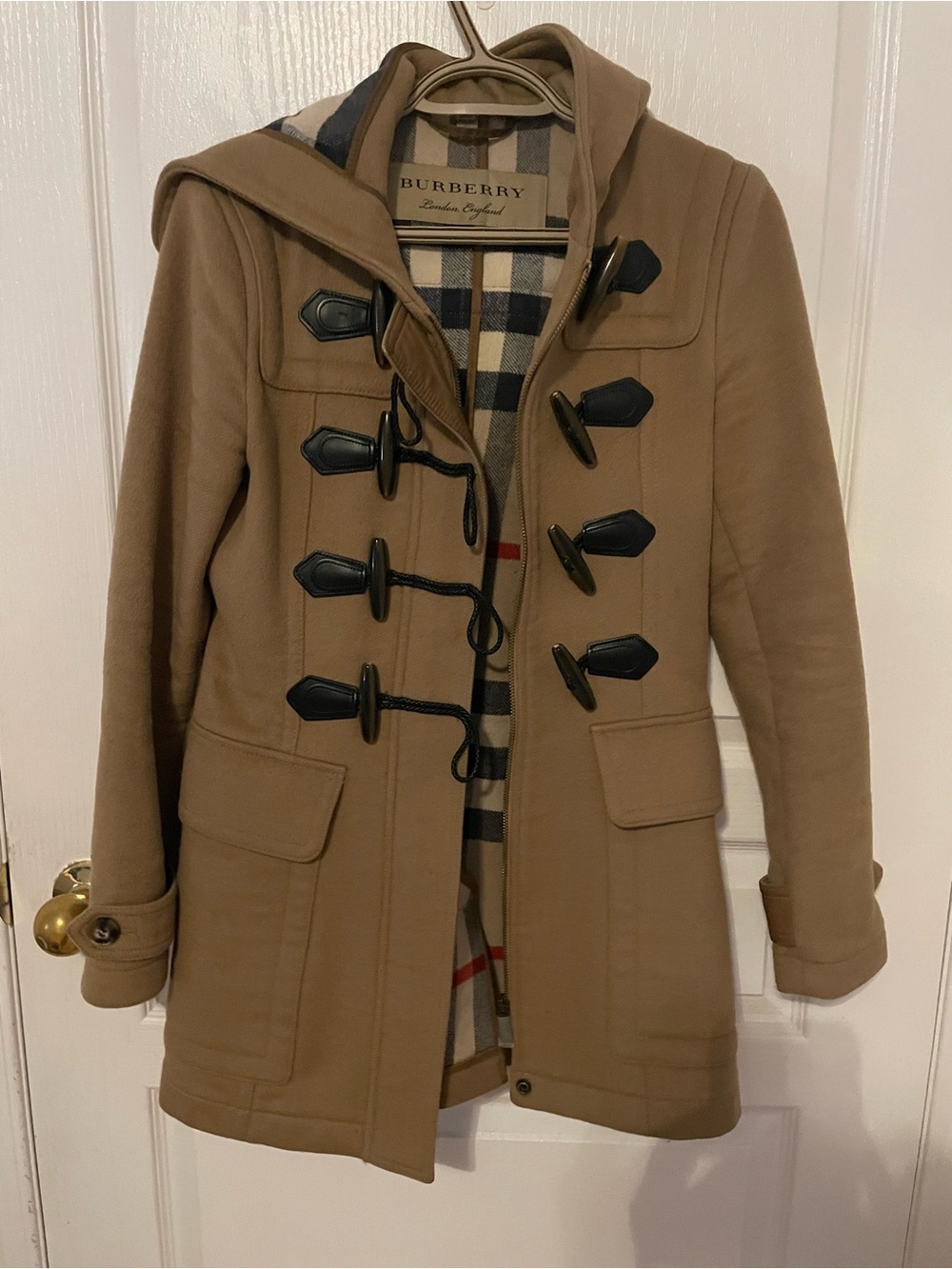 Burberry Camel Toggle Peacoat with Signature Check Lining